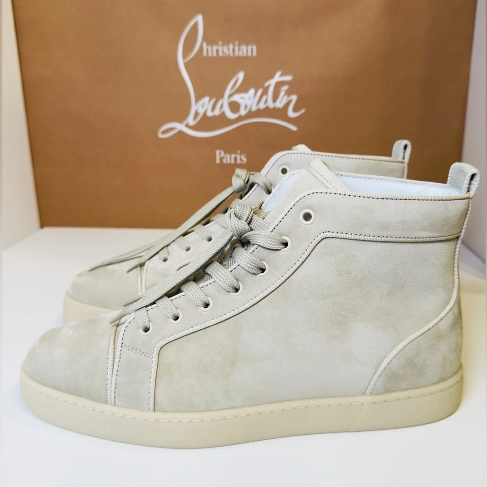 Christian Louboutin Louis Orlato Flat High-Top Sneakers Goose Grey Suede Size 44